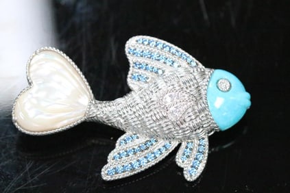 New Judith Ripka Sterling Silver, Turquoise, Mother of Pearl, CZ Blue Topaz Fish Brooch