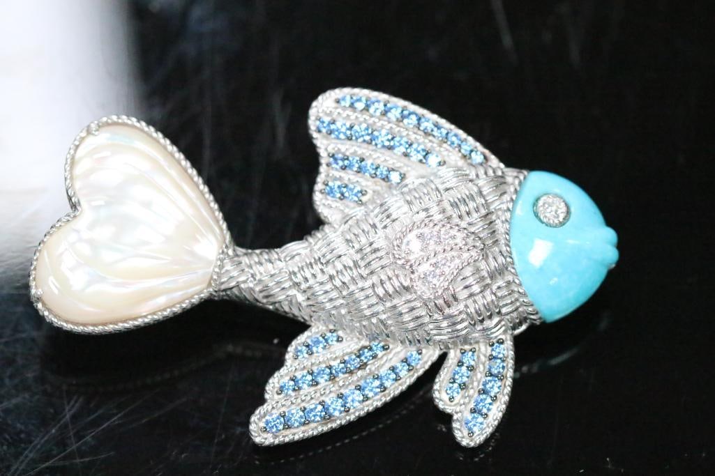 New Judith Ripka Sterling Silver, Turquoise, Mother of Pearl, CZ Blue Topaz Fish Brooch (1 of 6)