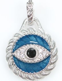 NEW Judith Ripka Sterling Silver Evil Eye Blue sapphire Cz's and enamel pendant charm enhancer