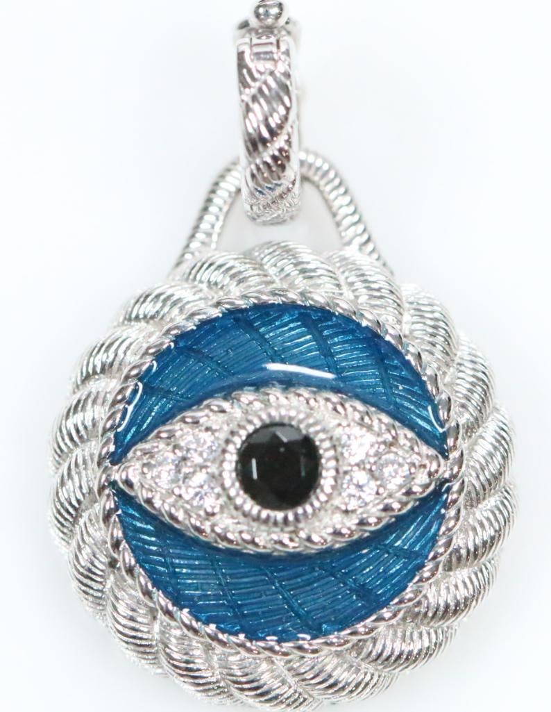 NEW Judith Ripka Sterling Silver Evil Eye Blue sapphire Cz's and enamel pendant charm enhancer (1 of 4)