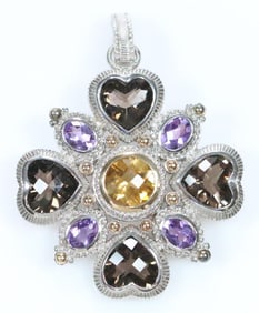 NEW Judith Ripka 18kt Gold Sterling silver Amethyst citrine smoky quartz pendant brooch