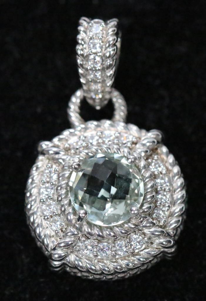 NEW Judith Ripka Sterling Silver green prasiolite and diamonique pendant: New sterling silver, green prasiolite and diamonique faux diamonds pendant 3/4" x 1 1/4" including hinged bail