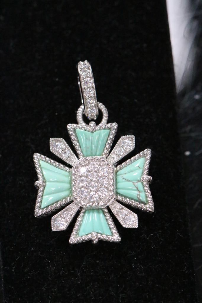 NEW Judith Ripka Sterling Silver Green Turquoise Daimonique CZ Pendant charm enhancer (1 of 7)