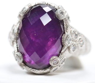NEW Judith Ripka Sterling Silver huge faceted purple amethyst ring with Diamonique Cz's