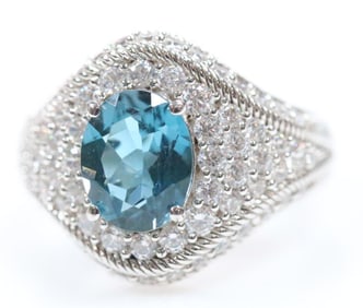 NEW Judith Ripka Sterling Silver Diamonique CZ's and blue topaz ring