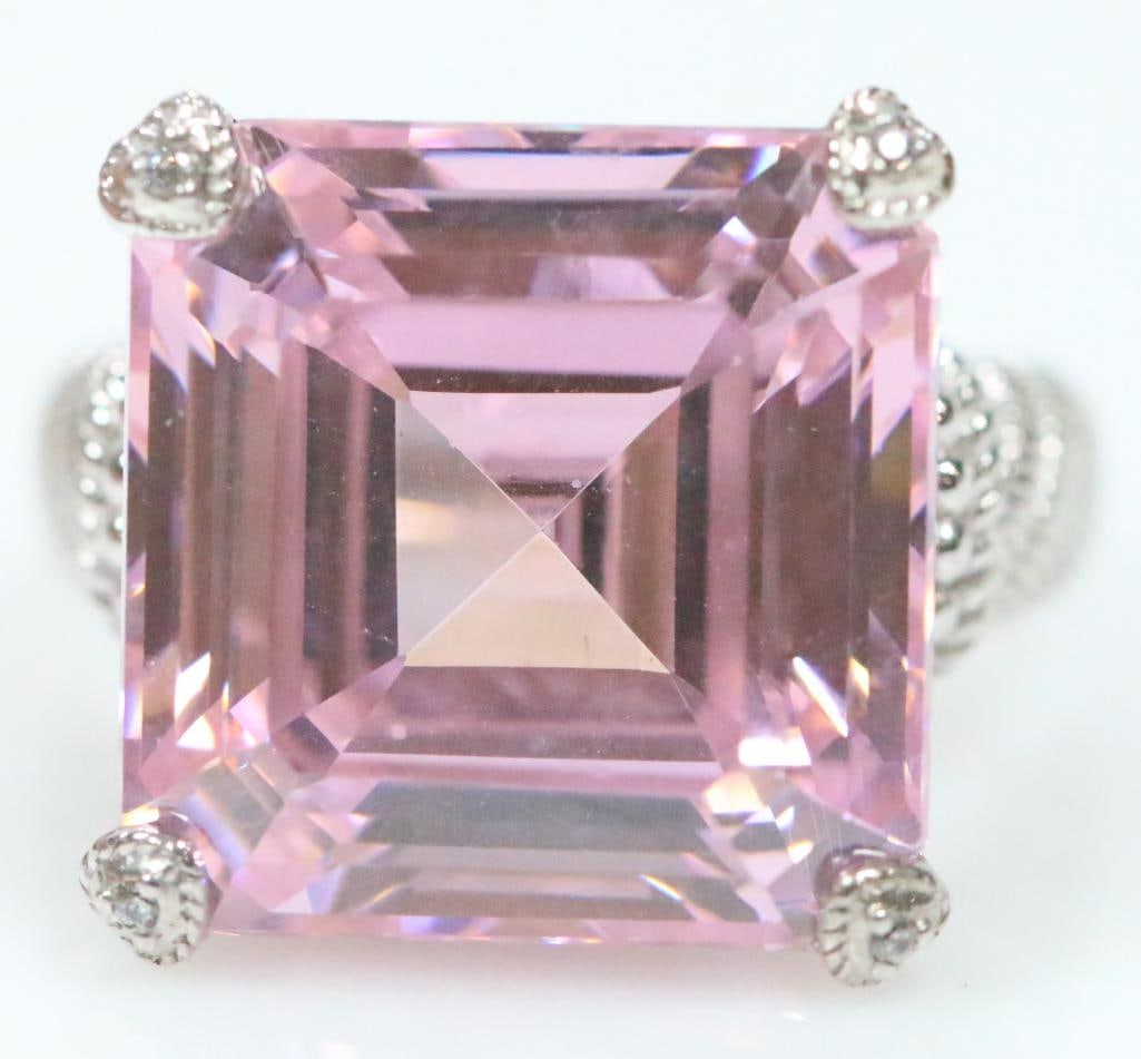 NEW Judith Ripka Sterling Silver Diamonique CZ's and huge princess cut pink sapphire: New sterling silver, pink gemstone and Diamonique CZ's containing a beautiful, huge square pink gemstone with faux diamonds on the corner prongs, size 8.25