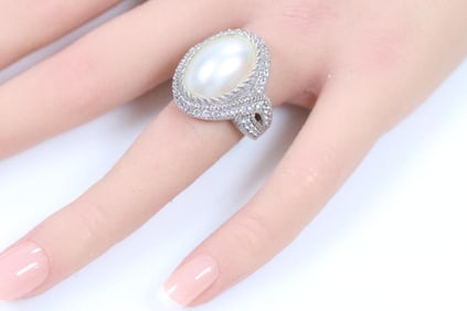 NEW Judith Ripka Sterling Silver Huge oval mabe pearl with Diamonique CZ's border..