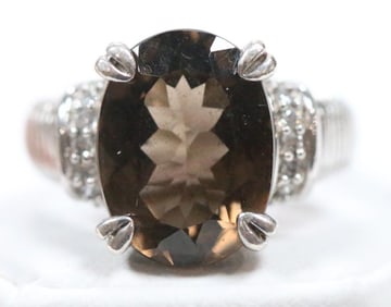 NEW Judith Ripka Sterling Silver Huge Faceted Smoky Topaz with Diamonique CZ's Ring