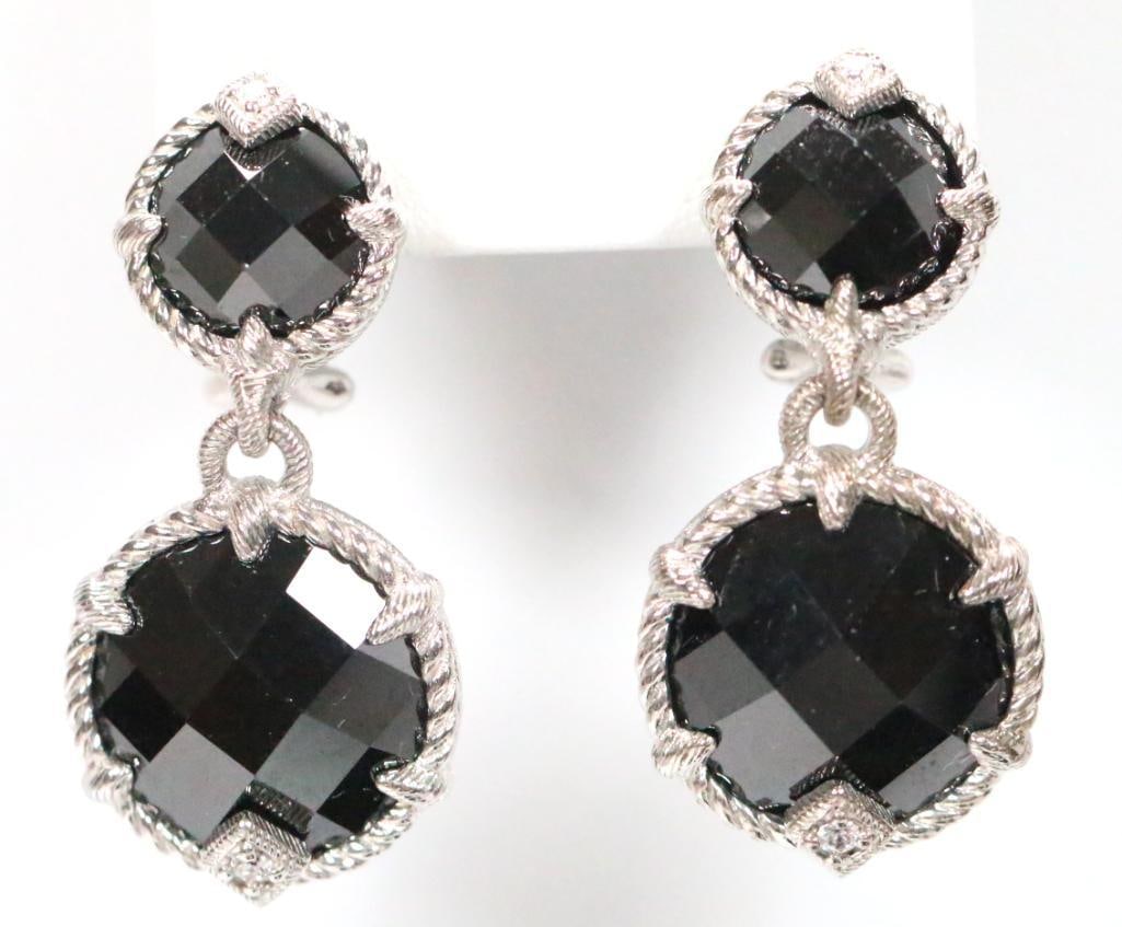 NEW Judith Ripka Sterling Silver onyx faceted Diamonique CZ's Earrings, signed: New sterling silver onyx faceted and Diamonique CZ's earrings with hinged post back 1 1/4" drop