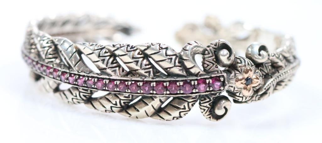 Like New Barbara Bixby 18kt Gold Sterling Silver Rhodolite Pink Gemstone Leaf Cuff bracelet (1 of 12)