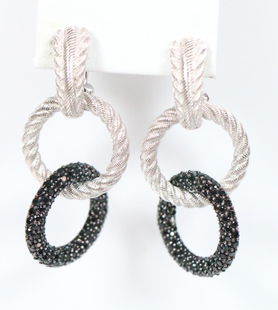 NEW Judith Ripka Sterling Silver and Diamonique CZ's Earrings, Signed: New sterling silver and Diamonique CZ's studded with black crystals, CLIP ON back, 1 1/2" drop