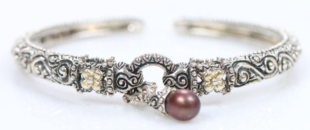 Like New Barbara Bixby Sterling Silver, 18kt gold Cultured Pearl Cuff Bracelet: New sterling silver with 18kt gold lotus flower details and freshwater pearl cuff bracelet, hinged, approx. 2.5" across with 3/8" opening