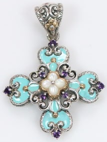 Like New Barbara Bixby Sterling Silver, 18kt gold Amethyst, Enamel and Mother of Pearl Pendant Enhan
