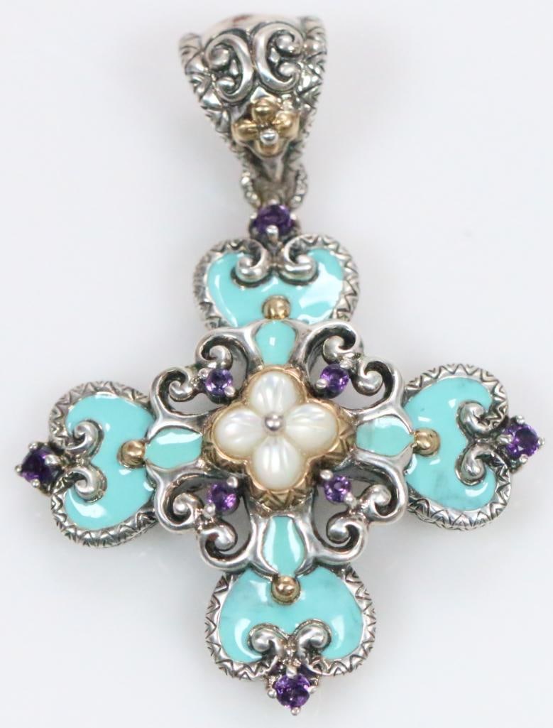 Like New Barbara Bixby Sterling Silver, 18kt gold Amethyst, Enamel and Mother of Pearl Pendant Enhan: New sterling silver ornate cross with a central mother of pearl flower, amethysts and enamel, approx. 1.5" x 2" including bail