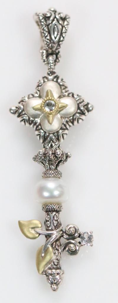 Like New Barbara Bixby Sterling Silver with18kt Gold Details, Pearl white Sapphire endant Key: New sterling silver with gold details,sapphire and pearl key pendant beautiful stylized key design, approx. 2.25" long including hinged bail