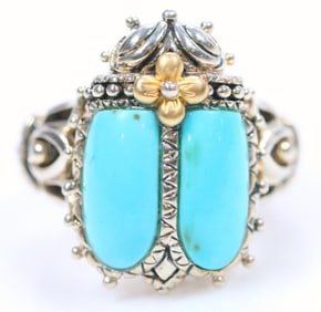 Like New Barbara Bixby Sterling Silver with 18kt Gold Turquoise Ring, Signed