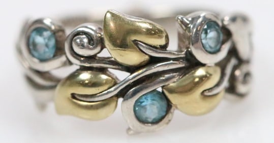 Like New Barbara Bixby Sterling Silver 18kt Gold and Blue Topaz leaf ring, Signed