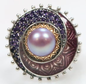 Like New Barbara Bixby Sterling Silver 18K Gold Pearl, Amethyst and Enamel Ring, Signed