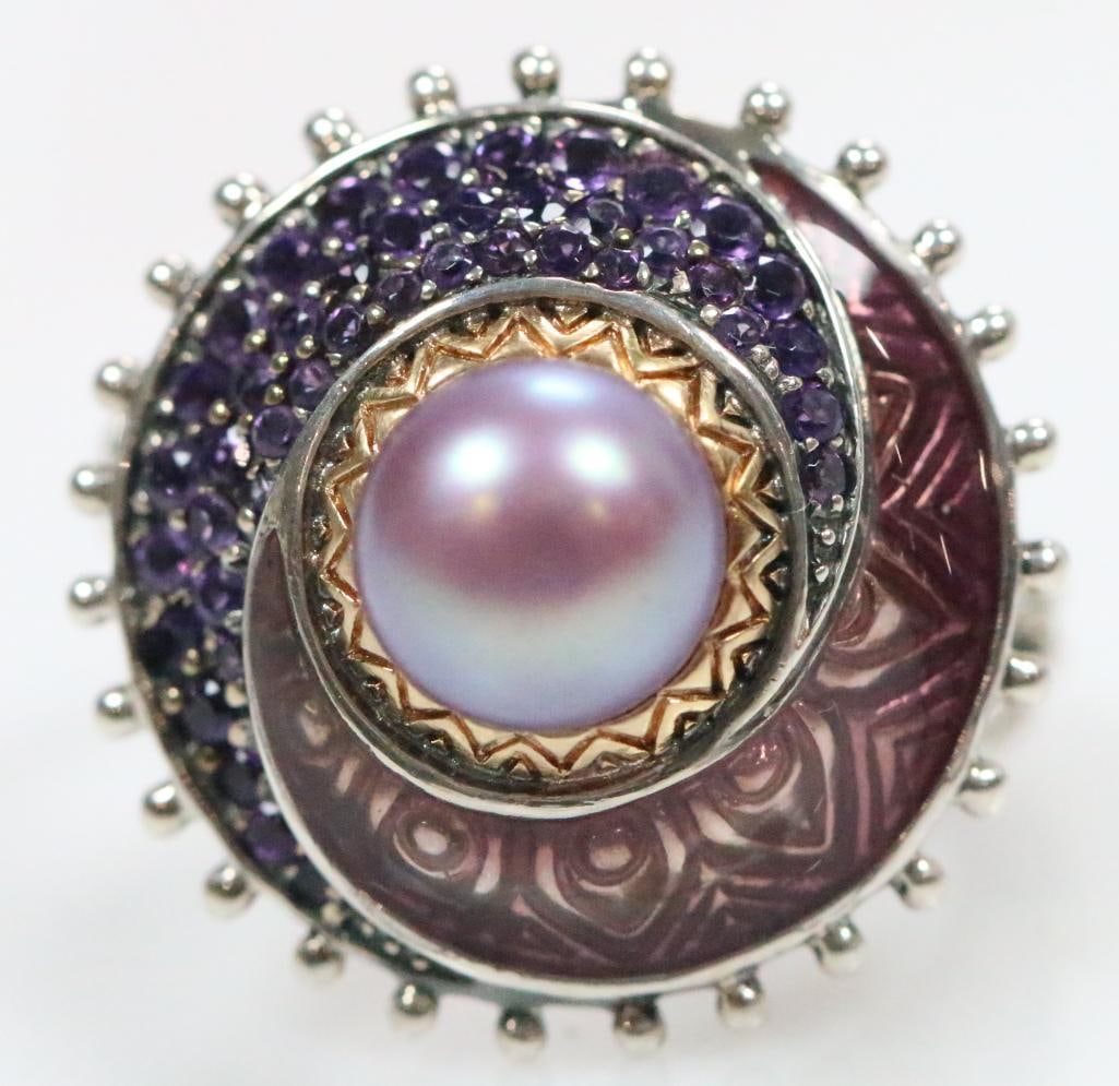 Like New Barbara Bixby Sterling Silver 18K Gold Pearl, Amethyst and Enamel Ring, Signed (1 of 8)