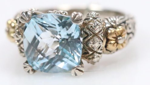 Like New Barbara Bixby Sterling Silver 18K Gold and Blue topaze Ring, Signed