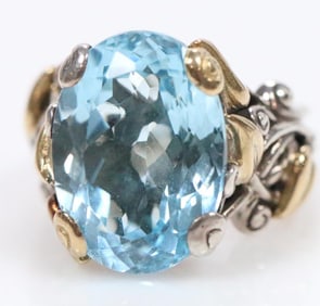 Like New Barbara Bixby Sterling Silver 18K Gold Huge Blue Topaz Ring, Signed