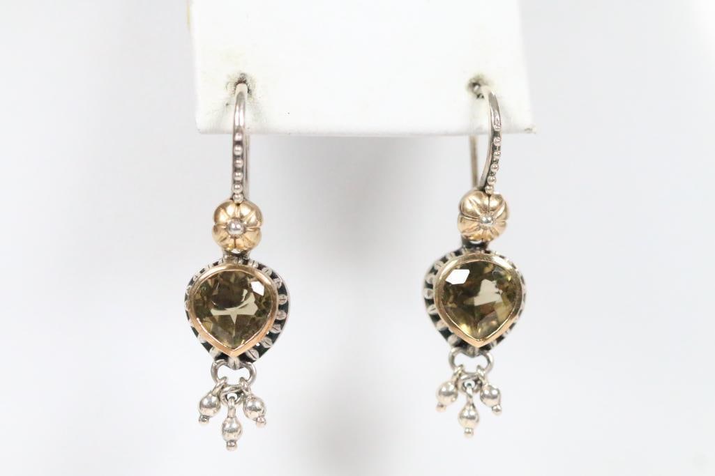 Like New Barbara Bixby Sterling Silver18K Gold Details and prasiolit gemstone Earrings, Signed: New sterling silver with gold details wired earrings with green tear-drop gemstones, 1.25" drop