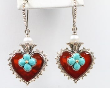 Like New Barbara Bixby Sterling Silver 18K Gold Turquoise Coral and Pearls Earrings