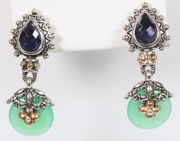 Like New Barbara Bixby Sterling Silver 18K Gold Chrysoprase Iolite Earrings, Signed