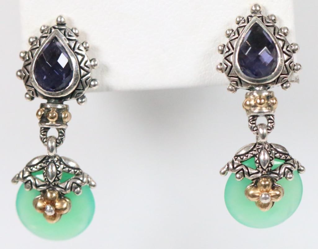 Like New Barbara Bixby Sterling Silver 18K Gold Chrysoprase Iolite Earrings, Signed (1 of 5)