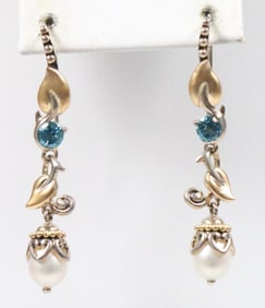 Like New Barbara Bixby Sterling Silver 18K Gold, blue topaz and Pearl Earrings, Signed