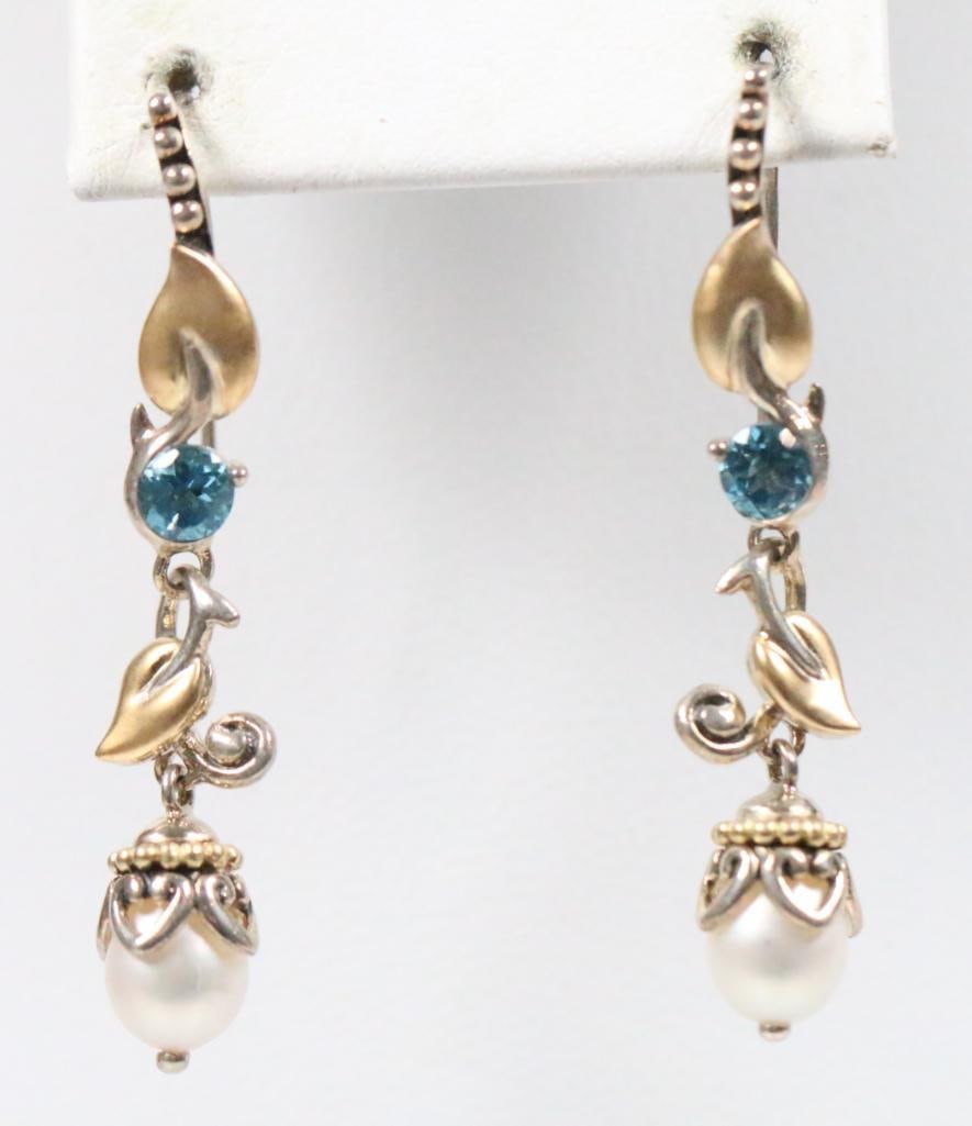 Like New Barbara Bixby Sterling Silver 18K Gold, blue topaz  and Pearl Earrings, Signed (1 of 6)