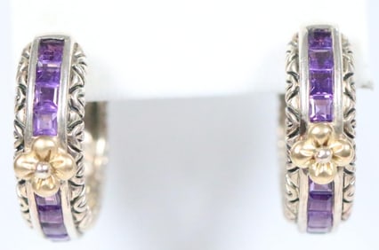 Like New Barbara Bixby Sterling Silver, 18K Gold and amethyst Earrings, Signed