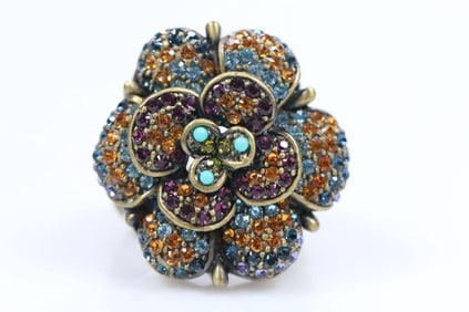 New Heidi Daus Bronze, Turquoise and Crystal Ring, Signed