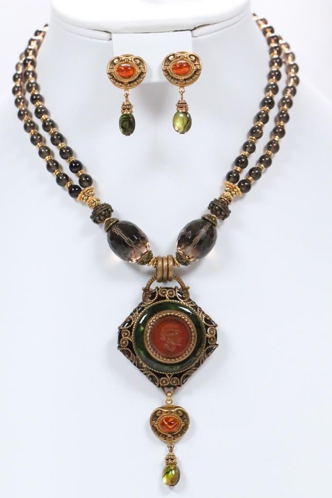 New With Tag Patrice Set Mother of Pearl, Glass, Onyx and Brass Necklace With Matching Earrings: Amazing necklace of brass, European glass with a carved glass classical intaglio cameo medallion, with mother of pearl and black onyx, 17" long, medallion approx. 1.75 wide with 4" drop, matching post