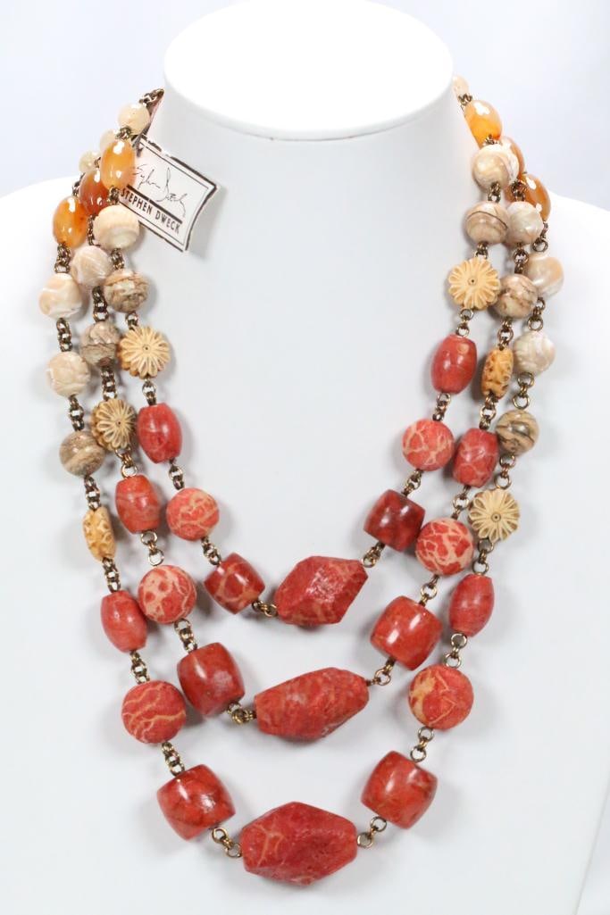 New With Tags Steven Dweck Bronze, Coral, Jasper 3 Strand Necklace, Signed: New bronze, coral, and jasper 3 strand heavy necklace, adjusts 18"-22", retails $ 865