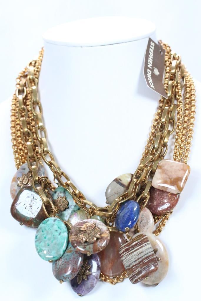 New With Tags Steven Dweck Bronze and Stone 7 Strand Necklace, Signed: New bronze necklace with 7 strands of multicolored stones embellished with bronze flowers inset on the stones, adjusts 17"-20", one-of-a-kind designer necklace!