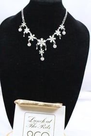 New Lunch At The Ritz latr2go Enamel and Cystal Snowflake Palladium Silver Necklace, Signed