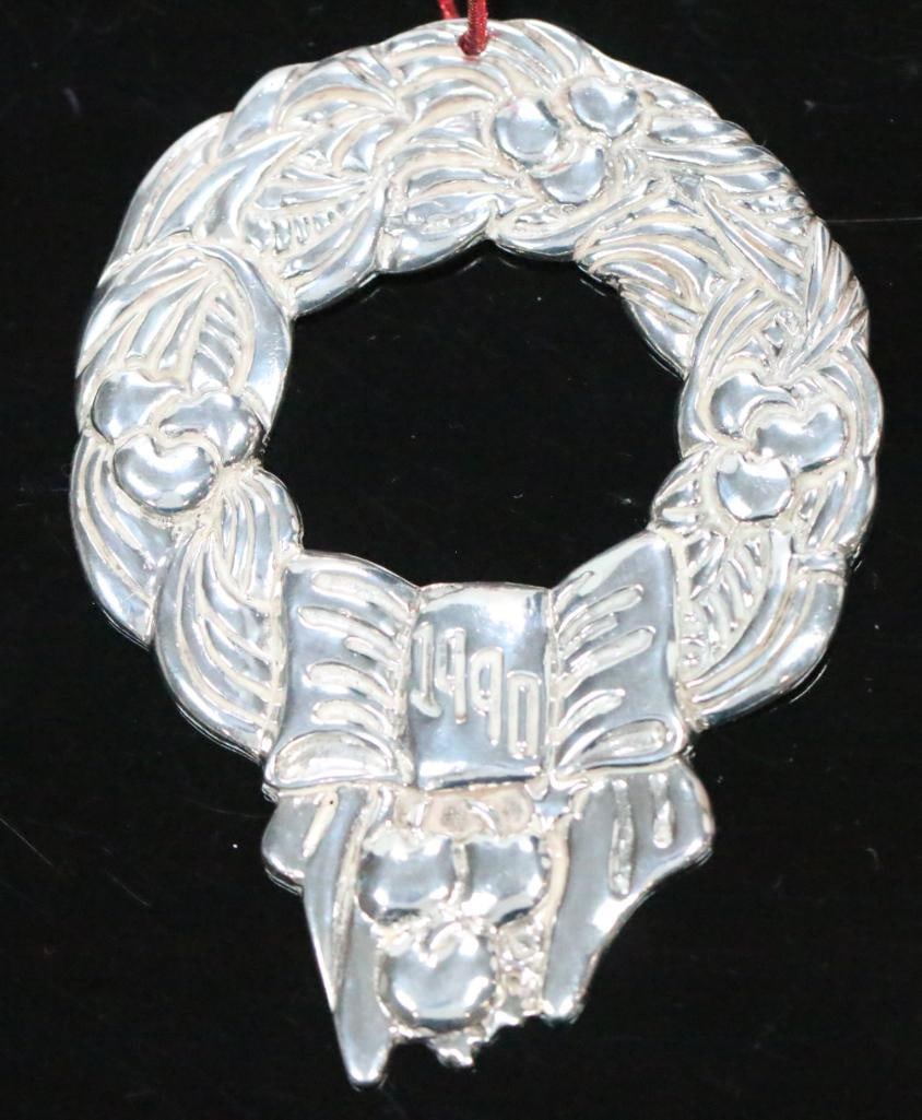 Frederick Nelson Sterling Silver Wreath Ornament, 1990, Signed: Sterling silver wreath ornament by Frederick Nelson, 1990, approx. 2 1/8" x 3" tall, heavy
