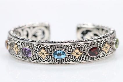 New Robert Manse 18KT Gold Sterling Silver Multi Gemstone wide Cuff Bracelet