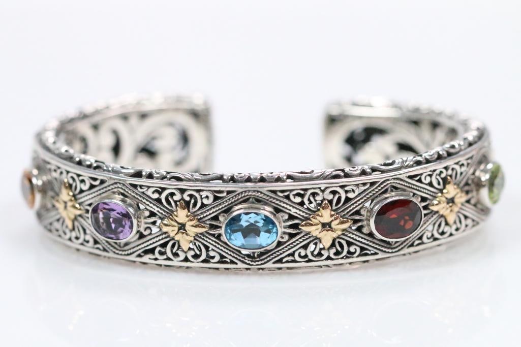 New Robert Manse 18KT Gold Sterling Silver Multi Gemstone wide Cuff Bracelet (1 of 9)