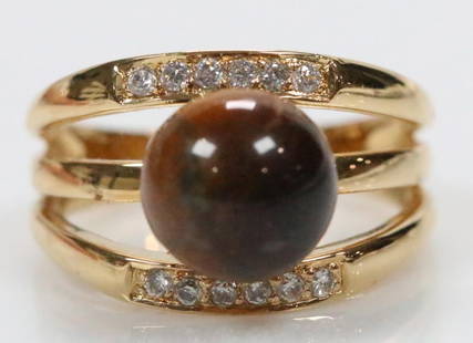 Erwin Pearl Sterling Silver with Gold Plate, Tigers Eye and Crystal Ring: A large round Tiger's Eye sits atop this sterling silver ring flanked by 2 rows of crystals, size 8