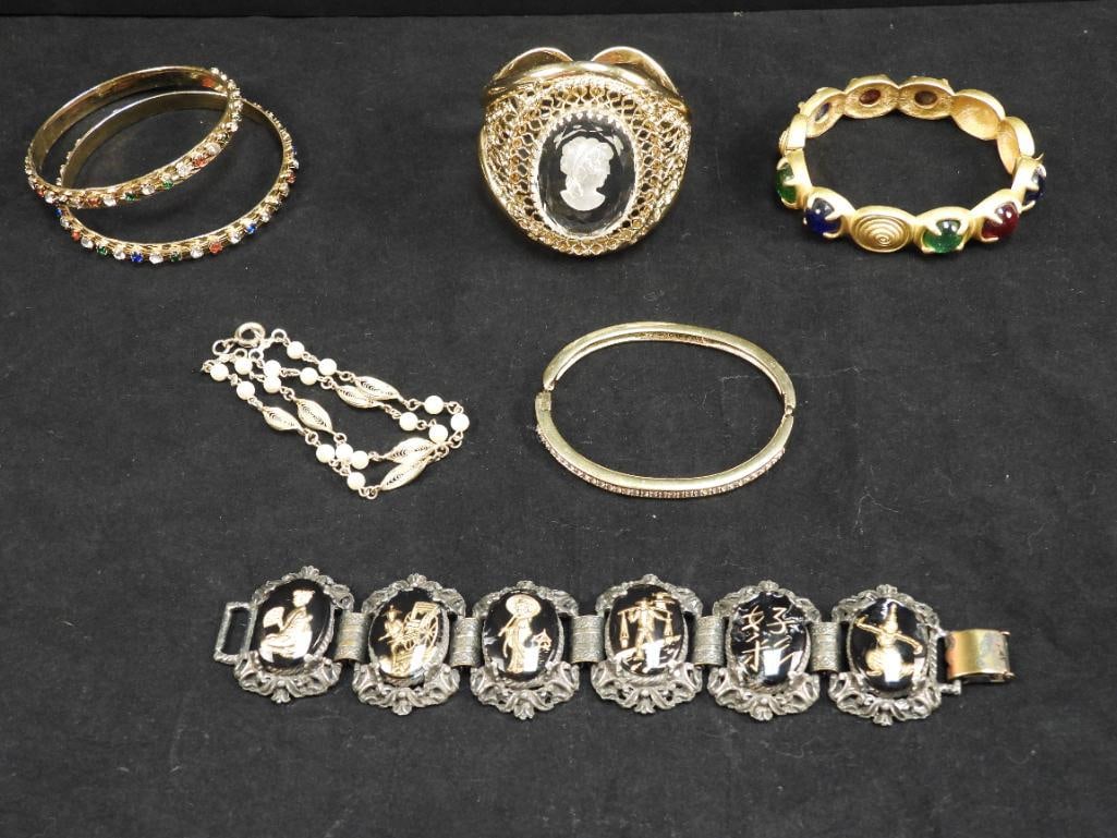 Vintage Jewelry Lot of 7 Bracelets cameo thai oriental design cuff goldtone (1 of 3)