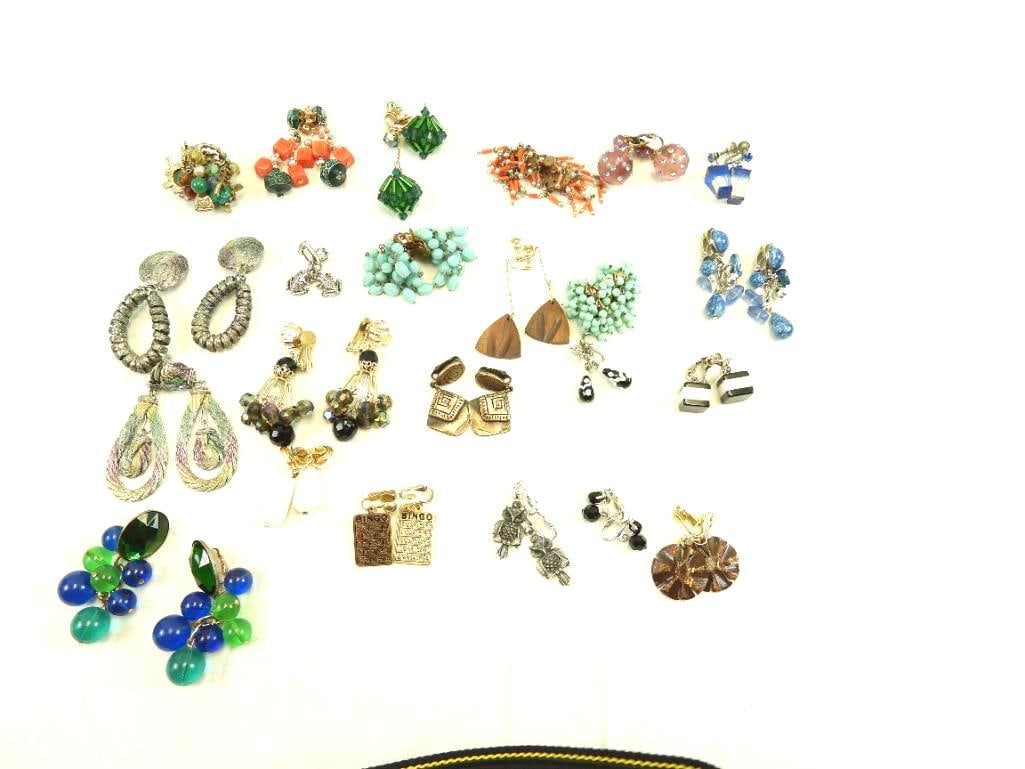 Vintage Jewelry Lot of 23 Earrings, Including Monet,Chico, ART: Amazing lot of 23 pairs of clip-on vintage earrings including acrylic, crystal, beaded, carved wood from makers such as Monet, Chico and many more