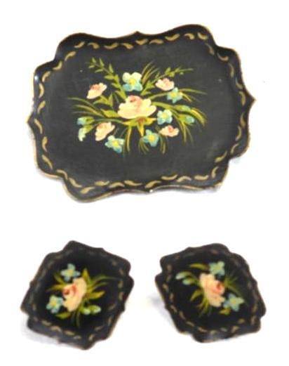 Vintage Jewelry Demi-Parure Lot Rare Tole tray design handpainted Earrings and Brooch, Signed: Handpainted Tole-painted matching set of brooch and screw-back earrings, signed Yeager