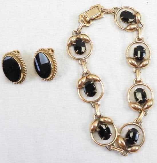 Vintage Jewelry Lot of Gold-Filled and Gemstone Bracelet and Earrings: Matching bracelet with clip earrings, gold-filled with dark brown gemstones