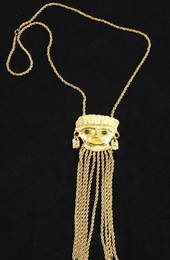 Vintage Jewelry Kenneth J Lane Gold tone Aztec face Pendant Necklace