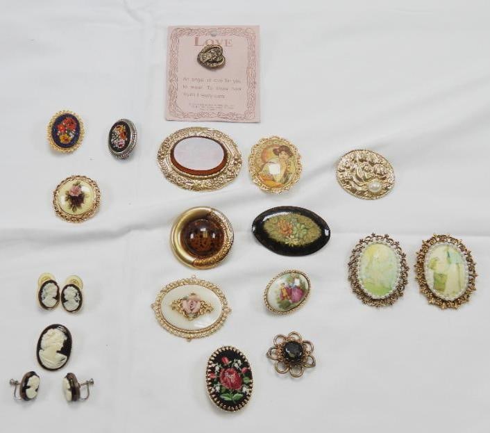 Vintage Jewelry Lot of 20 Brooches, Cameos, and Earrings, Including Italian Micro-Mosaic (1 of 5)