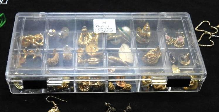 Vintage Jewelry Lot of 26 Pairs of Earrings, Including Erwin Pearl, Enamel, Crystal, Brass, Stone: 26 pairs of vintage pierced earrings in an acrylic case, all kinds including hoops, posts, scew-backs, some set with crystals and stones