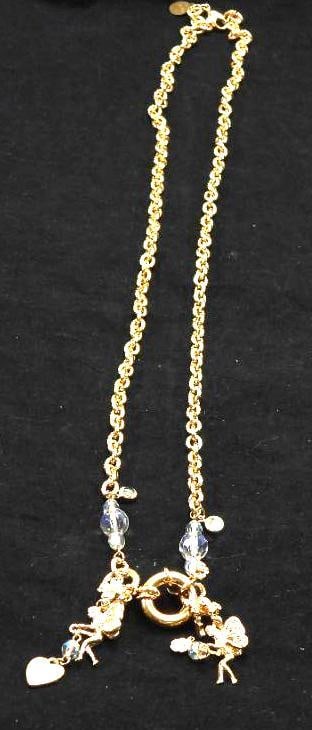 Vintage Jewelry Kirks Folly With Fairies Crystal and Gold-Toned Necklace, Signed: Gold toned necklace with crystals and delicate fairy charms