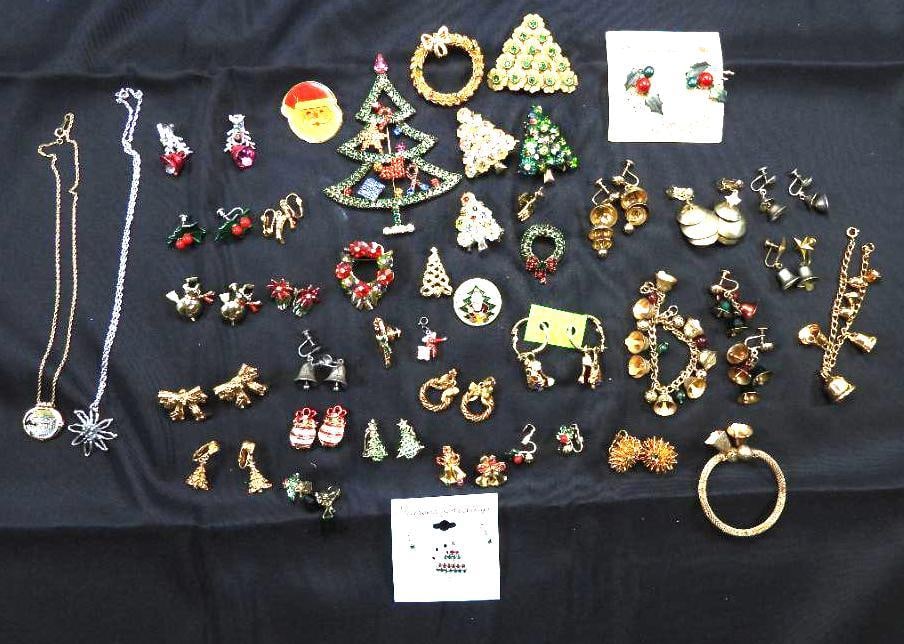 Vintage Jewelry Lot of 40  Christmas jewelry some signed brooches, Bracelets, Necklaces, Earrings, (1 of 7)